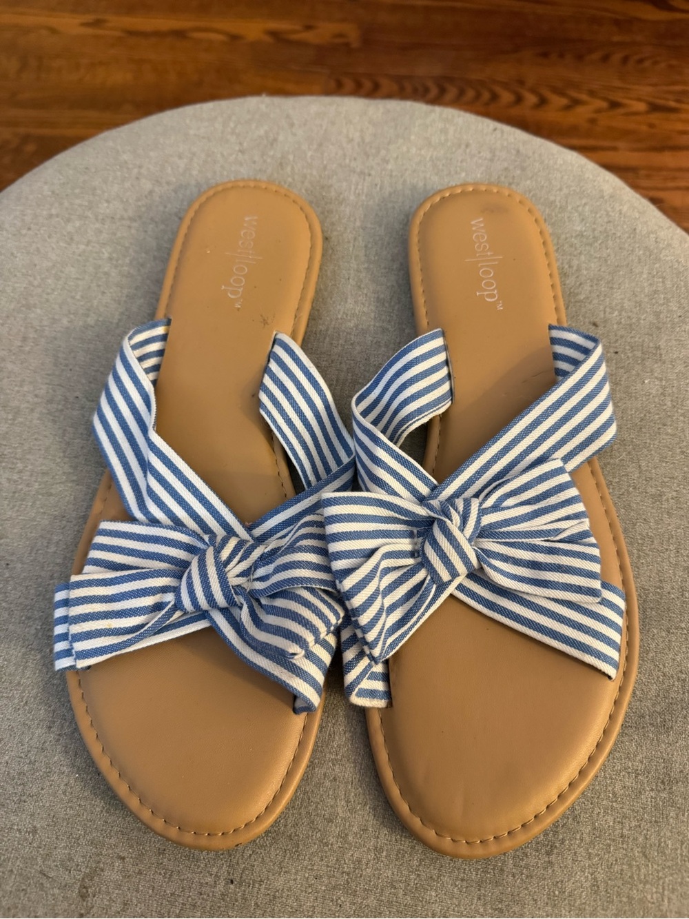 Weslloop Blue & White Striped Knot Slide Sandals with Tan Footbed